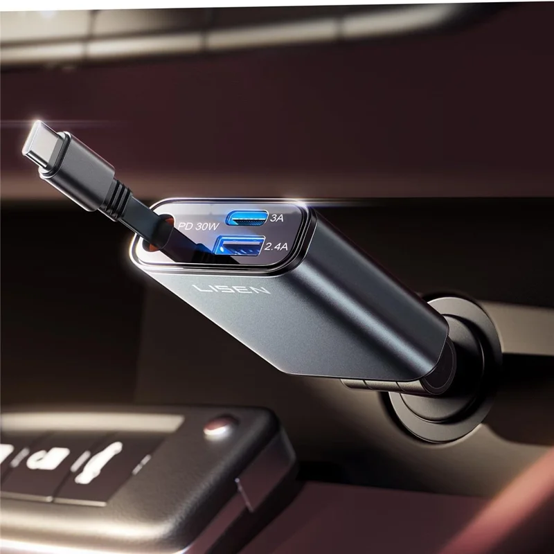 LISEN Car Charger 180 Degree Rotatable 30W PD Fast Charging Adapter with Retractable USB-C Cable for iPhone 17  /  16  /  15  /  Samsung S26