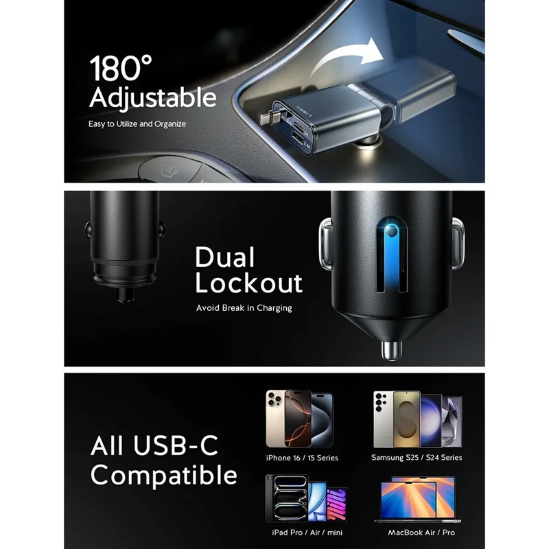 LISEN Car Charger 180 Degree Rotatable 30W PD Fast Charging Adapter with Retractable USB-C Cable for iPhone 17  /  16  /  15  /  Samsung S26