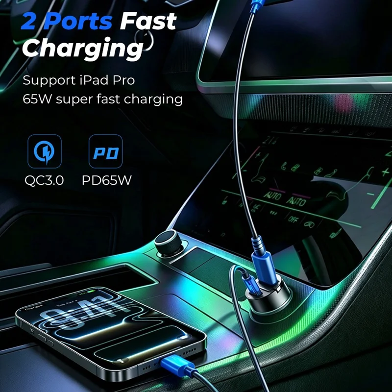 JOYROOM JR-CCN18 Adaptador de Carga Rápida PD 65W USB-A + USB-C Cargador para Coche de Doble Puerto - Negro
