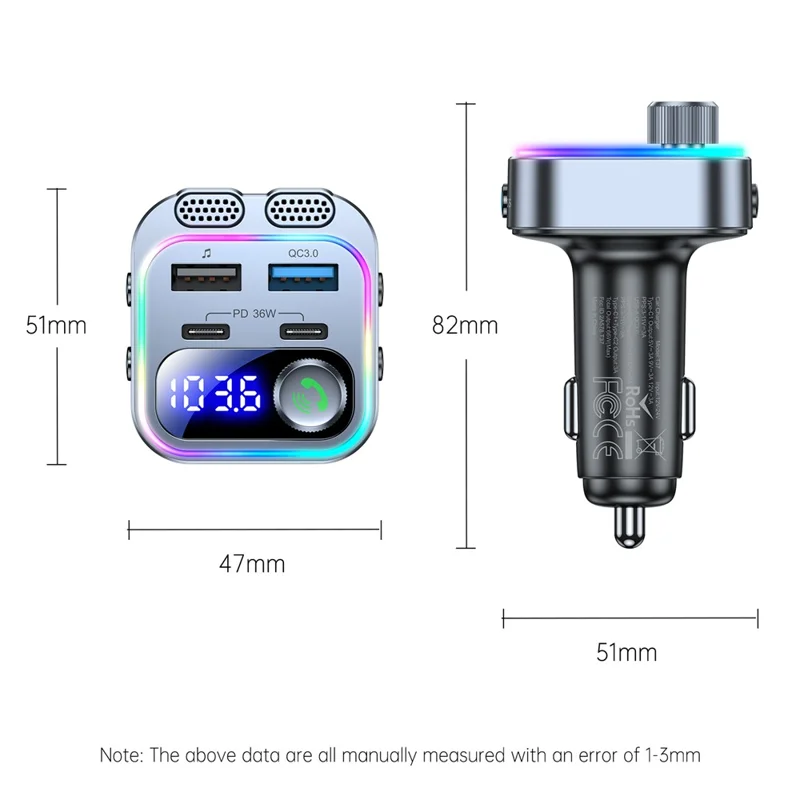 T37 Car MP3 Player Bluetooth-compatible FM Transmitter PD 36W Fast Charging Car Charger - Black