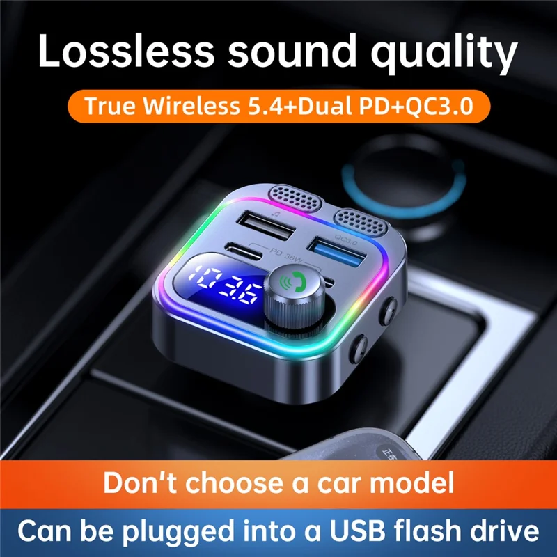 T37 Car MP3 Player Bluetooth-compatible FM Transmitter PD 36W Fast Charging Car Charger - Black