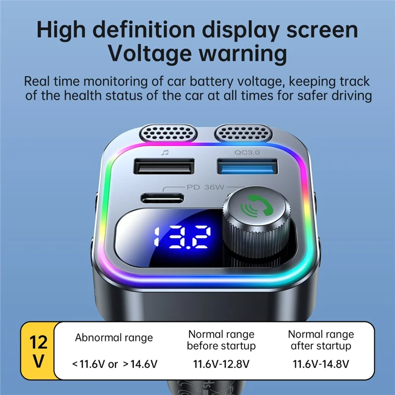T37 Car MP3 Player Bluetooth-compatible FM Transmitter PD 36W Fast Charging Car Charger - Black