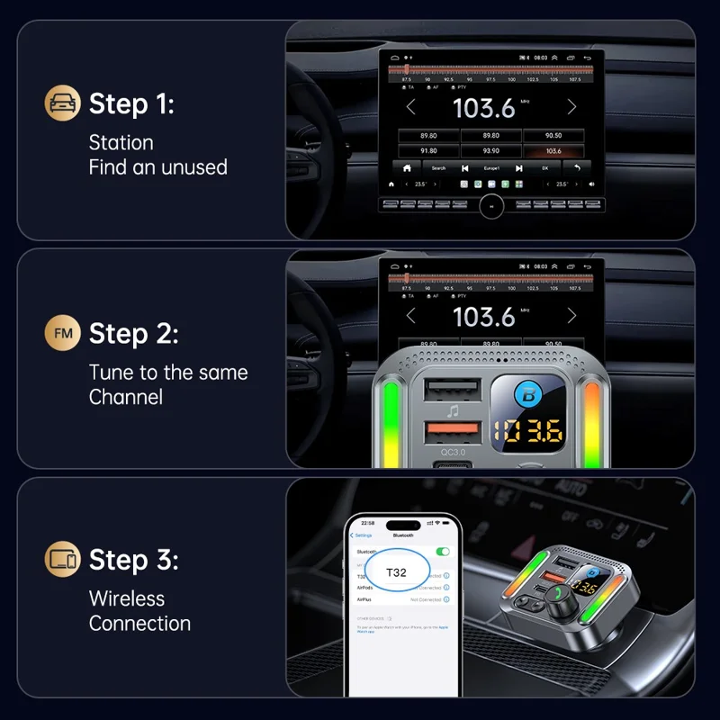 T32 Bluetooth-compatible 5.4 Car FM Transmitter MP3 Player PD 30W QC 18W Fast Charger - Black