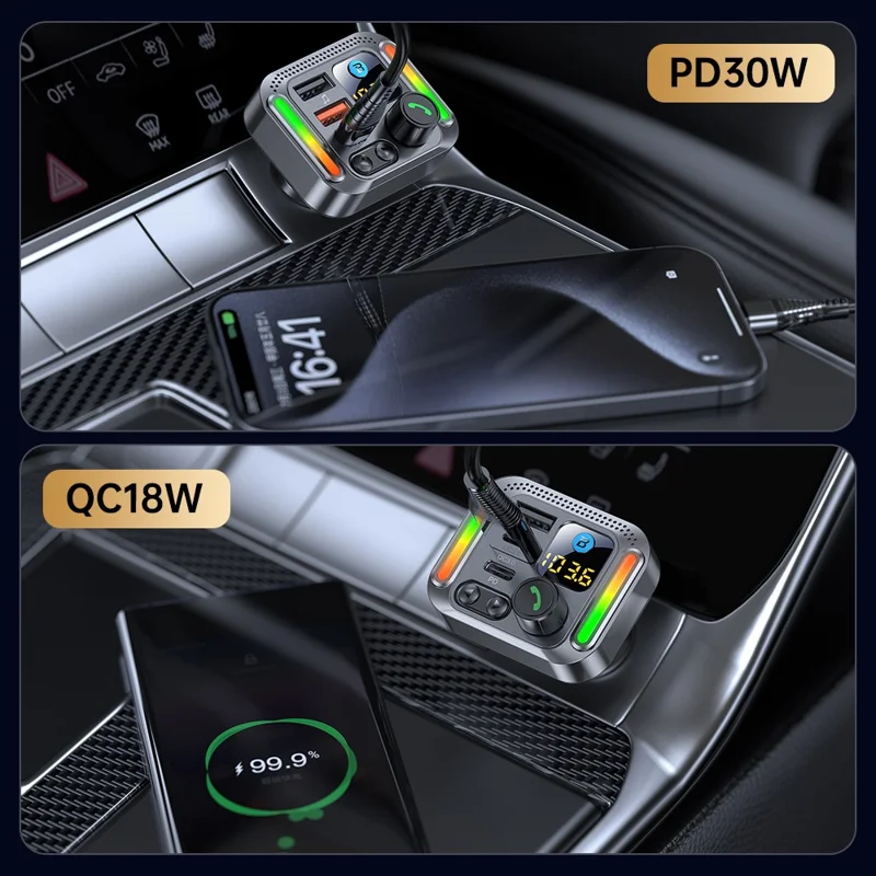 T32 Bluetooth-compatible 5.4 Car FM Transmitter MP3 Player PD 30W QC 18W Fast Charger - Black
