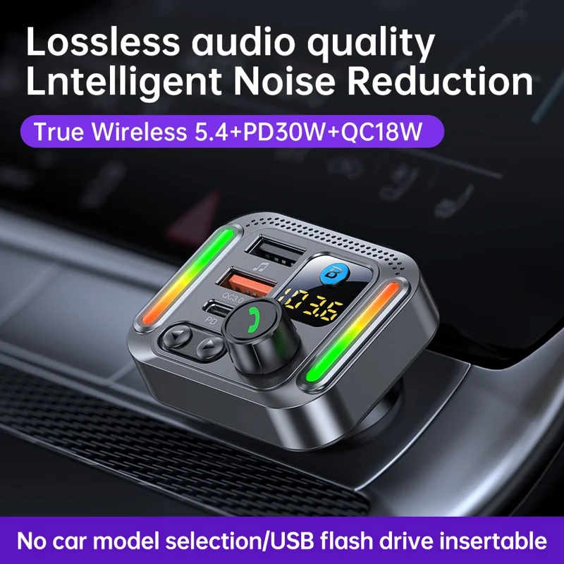 T32 Bluetooth-compatible 5.4 Car FM Transmitter MP3 Player PD 30W QC 18W Fast Charger - Black