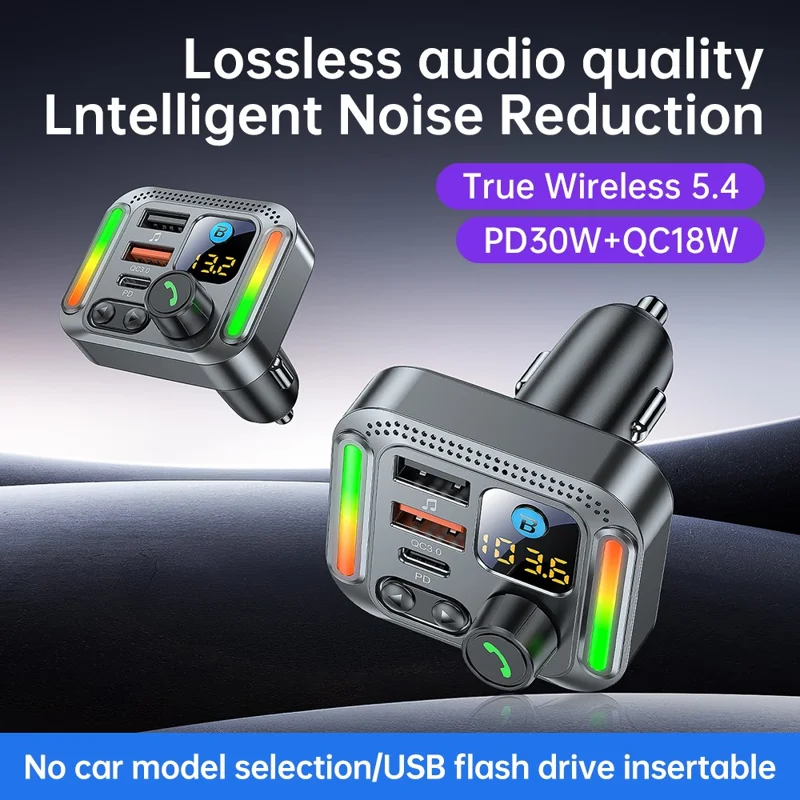 T32 Bluetooth-compatible 5.4 Car FM Transmitter MP3 Player PD 30W QC 18W Fast Charger - Black