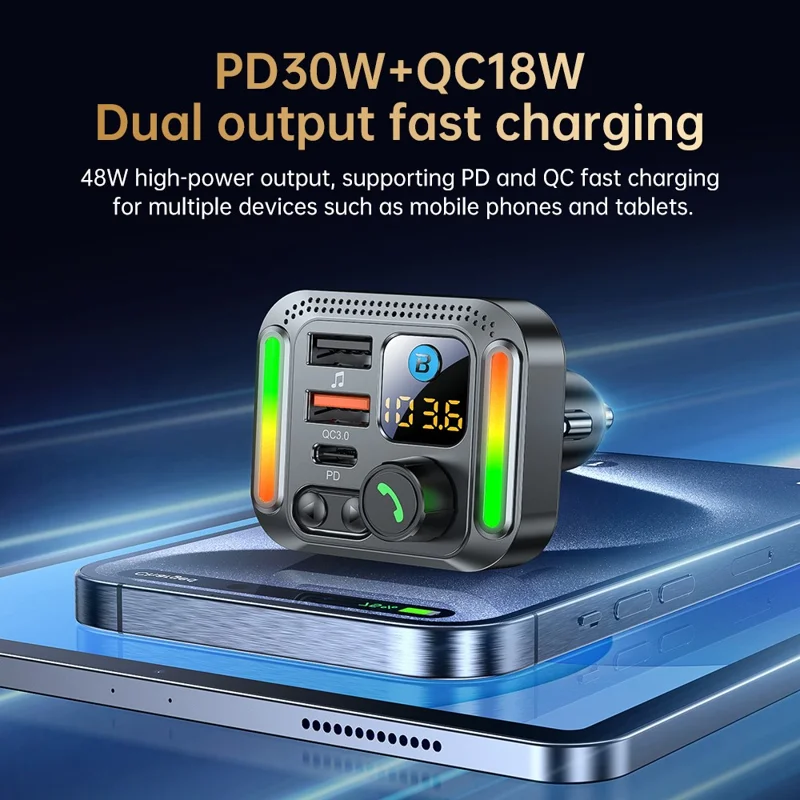 T32 Bluetooth-compatible 5.4 Car FM Transmitter MP3 Player PD 30W QC 18W Fast Charger - Black
