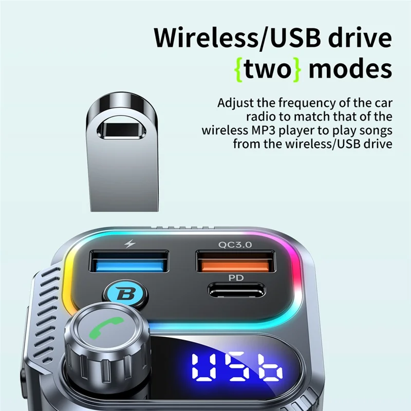 T58 Car Bluetooth-compatible MP3 Player PD 30W USB-C + Dual USB Ports FM Transmitter - Black