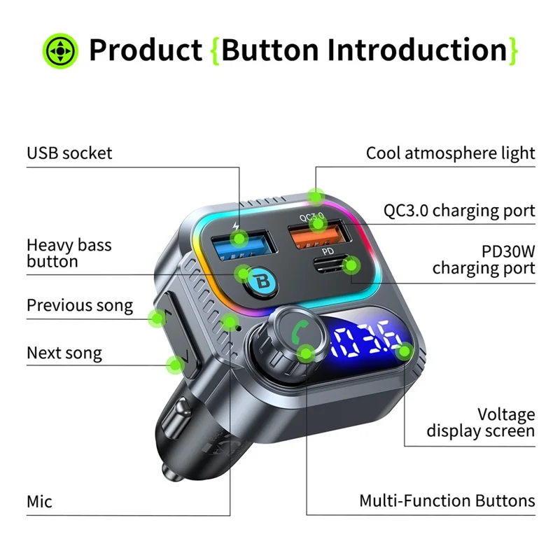 T58 Car Bluetooth-compatible MP3 Player PD 30W USB-C + Dual USB Ports FM Transmitter - Black