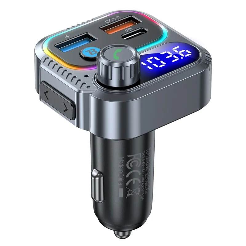 T58 Car Bluetooth-compatible MP3 Player PD 30W USB-C + Dual USB Ports FM Transmitter - Black