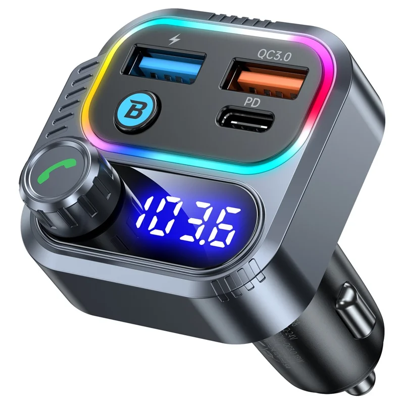 T58 Car Bluetooth-compatible MP3 Player PD 30W USB-C + Dual USB Ports FM Transmitter - Black