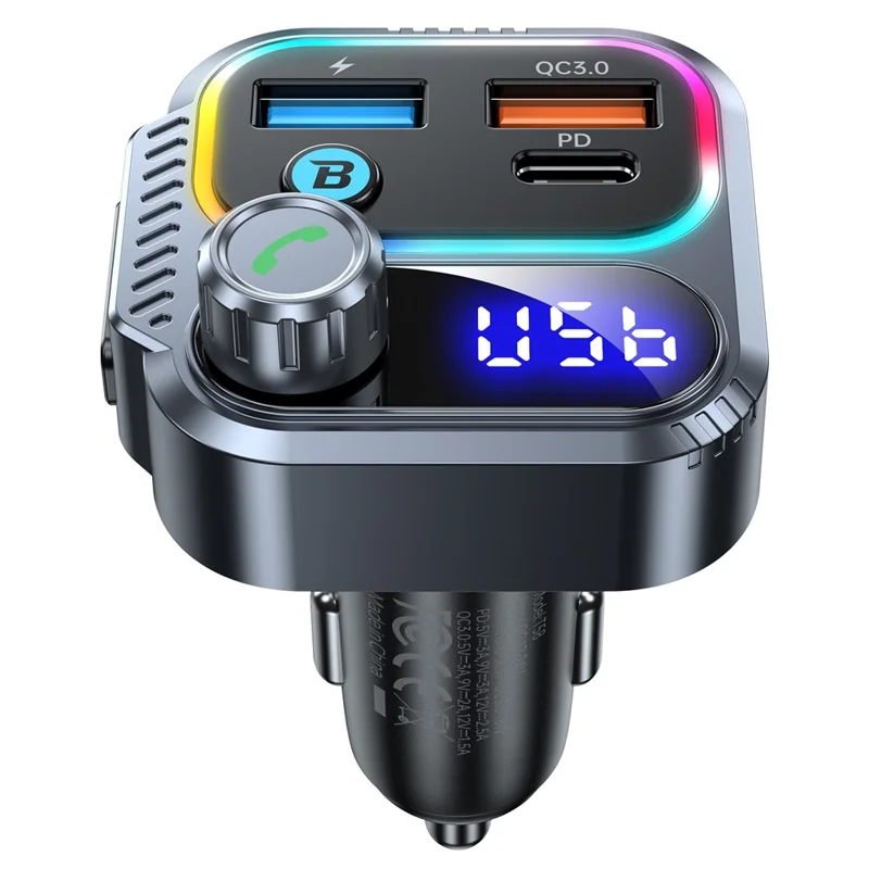 T58 Car Bluetooth-compatible MP3 Player PD 30W USB-C + Dual USB Ports FM Transmitter - Black