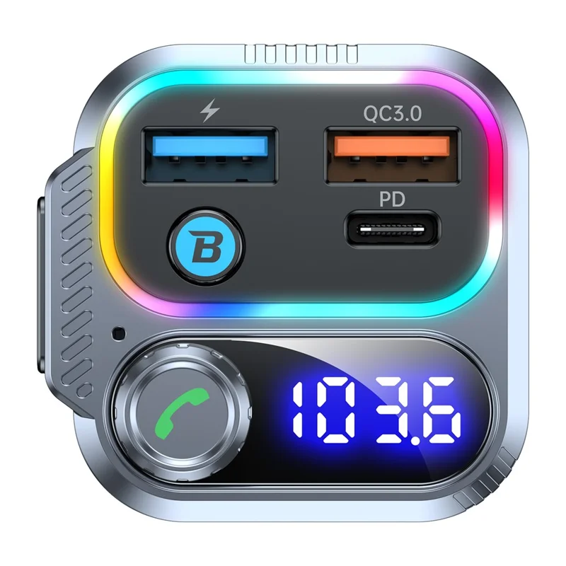 T58 Car Bluetooth-compatible MP3 Player PD 30W USB-C + Dual USB Ports FM Transmitter - Black