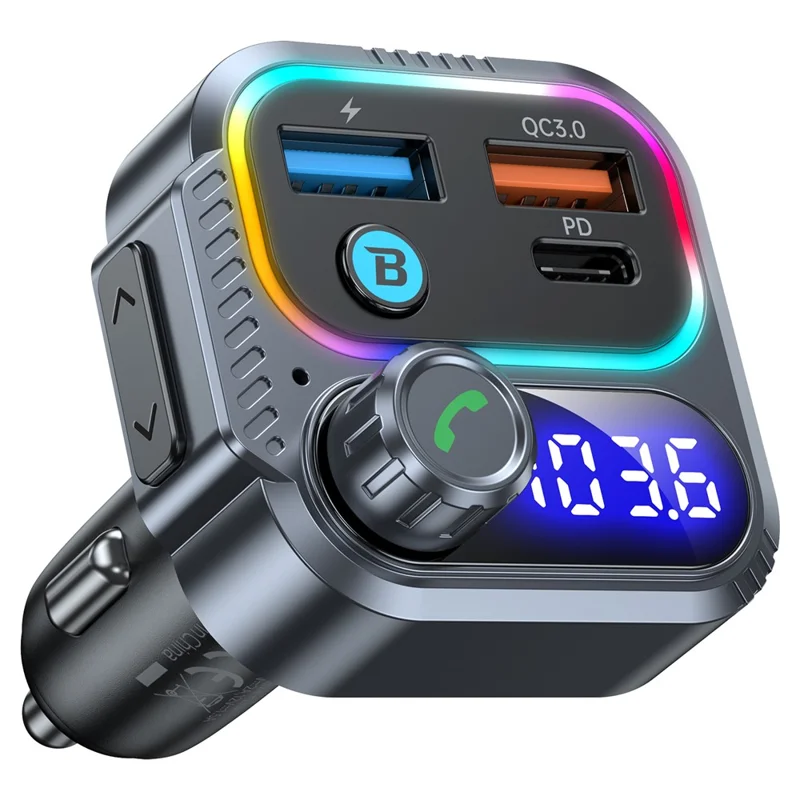 T58 Car Bluetooth-compatible MP3 Player PD 30W USB-C + Dual USB Ports FM Transmitter - Black