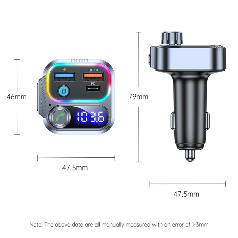 T58 Car Bluetooth-compatible MP3 Player PD 30W USB-C + Dual USB Ports FM Transmitter - Black
