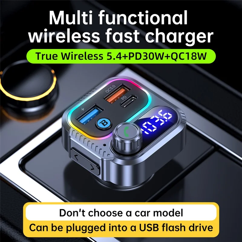 T58 Car Bluetooth-compatible MP3 Player PD 30W USB-C + Dual USB Ports FM Transmitter - Black