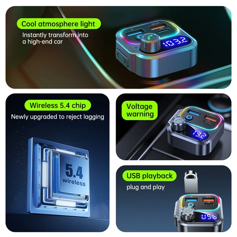 T58 Car Bluetooth-compatible MP3 Player PD 30W USB-C + Dual USB Ports FM Transmitter - Black