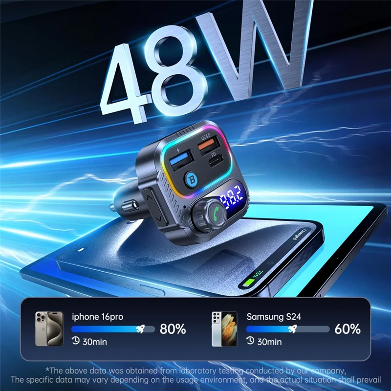 T58 Car Bluetooth-compatible MP3 Player PD 30W USB-C + Dual USB Ports FM Transmitter - Black