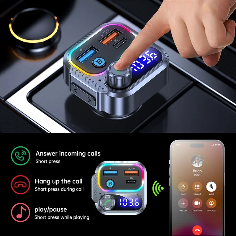 T58 Car Bluetooth-compatible MP3 Player PD 30W USB-C + Dual USB Ports FM Transmitter - Black