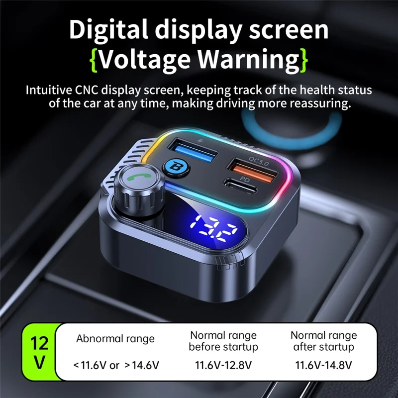 T58 Car Bluetooth-compatible MP3 Player PD 30W USB-C + Dual USB Ports FM Transmitter - Black