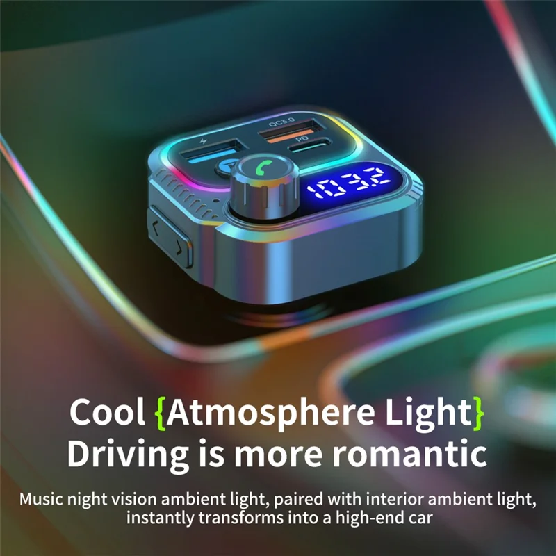 T58 Car Bluetooth-compatible MP3 Player PD 30W USB-C + Dual USB Ports FM Transmitter - Black