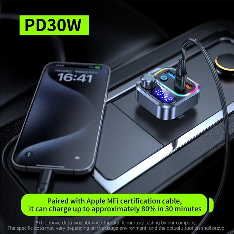 T58 Car Bluetooth-compatible MP3 Player PD 30W USB-C + Dual USB Ports FM Transmitter - Black