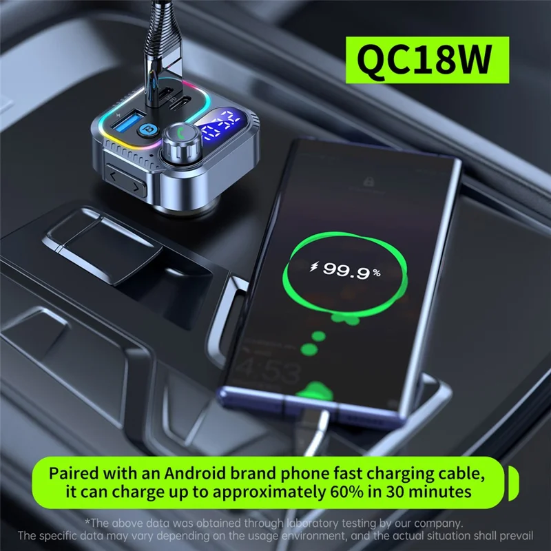 T58 Car Bluetooth-compatible MP3 Player PD 30W USB-C + Dual USB Ports FM Transmitter - Black
