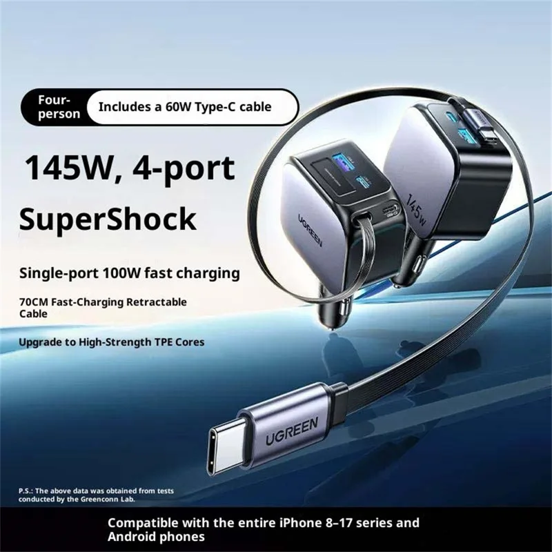 UGREEN 55910 USB-A + 2 USB-C 100W Fast Car Charger with 60W Retractable USB-C Cable for iPhone iPad MacBook