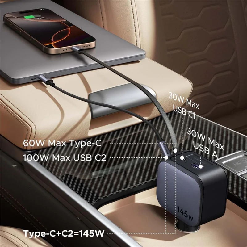 UGREEN 55910 USB-A + 2 USB-C 100W Fast Car Charger with 60W Retractable USB-C Cable for iPhone iPad MacBook