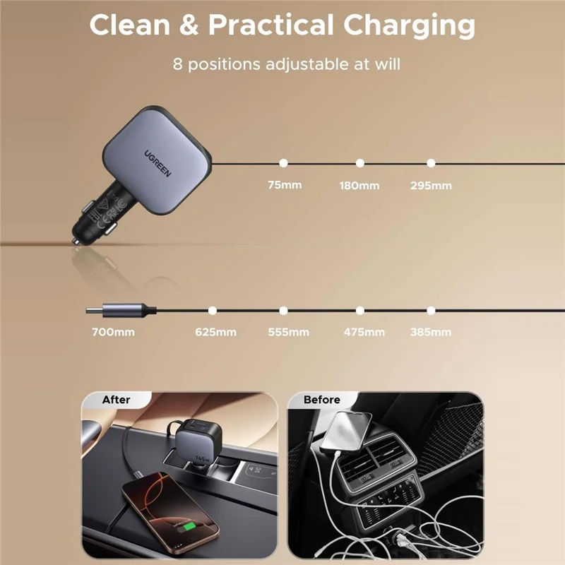 UGREEN 55910 USB-A + 2 USB-C 100W Fast Car Charger with 60W Retractable USB-C Cable for iPhone iPad MacBook