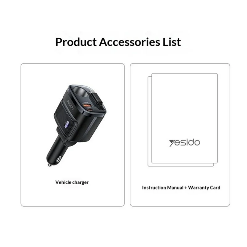YESIDO Y76 Car Charger with 120W Cigarette Lighter Outlet 60cm Retractable USB-C Cable - Black