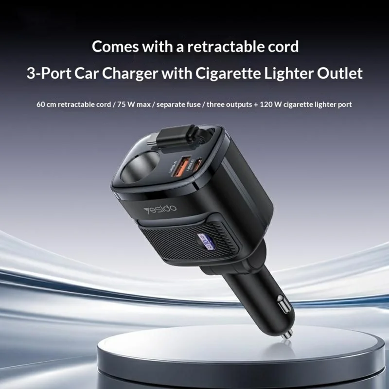 YESIDO Y76 Car Charger with 120W Cigarette Lighter Outlet 60cm Retractable USB-C Cable - Black
