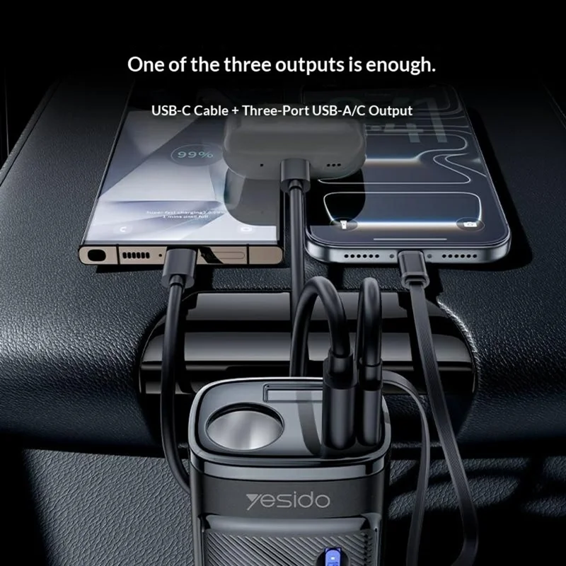YESIDO Y76 Car Charger with 120W Cigarette Lighter Outlet 60cm Retractable USB-C Cable - Black