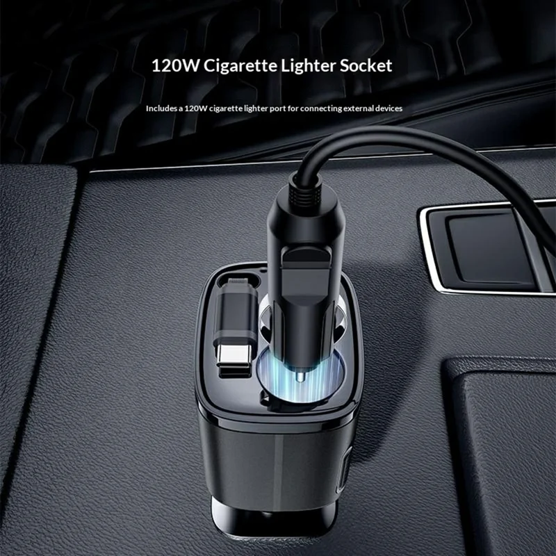 YESIDO Y76 Car Charger with 120W Cigarette Lighter Outlet 60cm Retractable USB-C Cable - Black