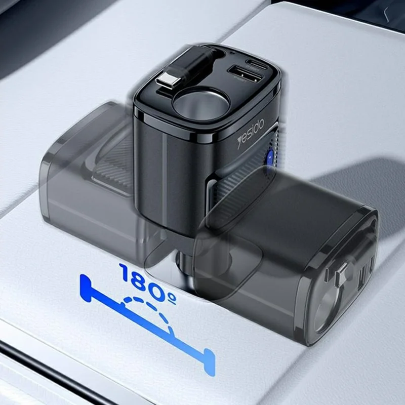 YESIDO Y76 Car Charger with 120W Cigarette Lighter Outlet 60cm Retractable USB-C Cable - Black