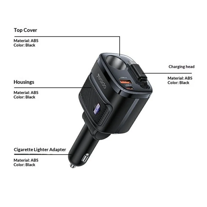 YESIDO Y76 Car Charger with 120W Cigarette Lighter Outlet 60cm Retractable USB-C Cable - Black