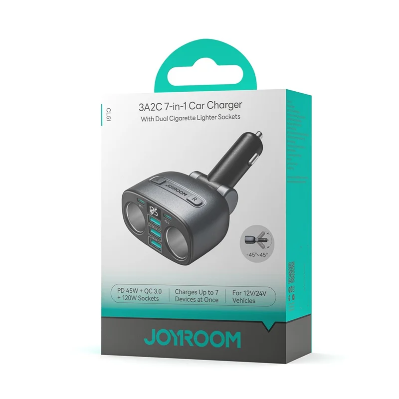 JOYROOM CL51 7-in-1 Auto-Ladegerät PD 45 W + QC 3.0 Zigarettenanzünder-Adapter für 12 V–24 V Fahrzeuge – Dunkelgrau