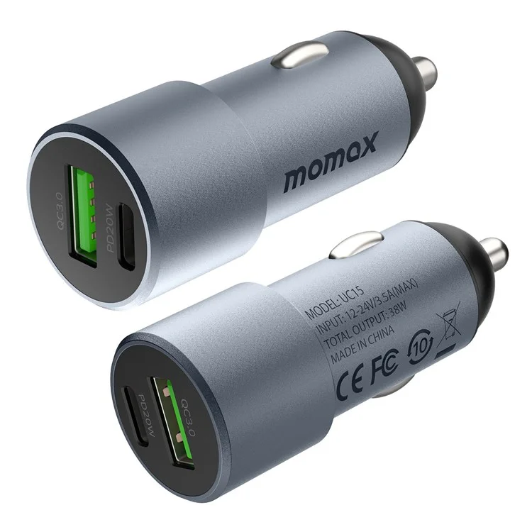 MOMAX UC15 38W Mini Charger de Carro de Porto Dual de Alumínio PD + QC 3.0 Adaptador de Isqueiro de Carregamento Rápido - Cinza