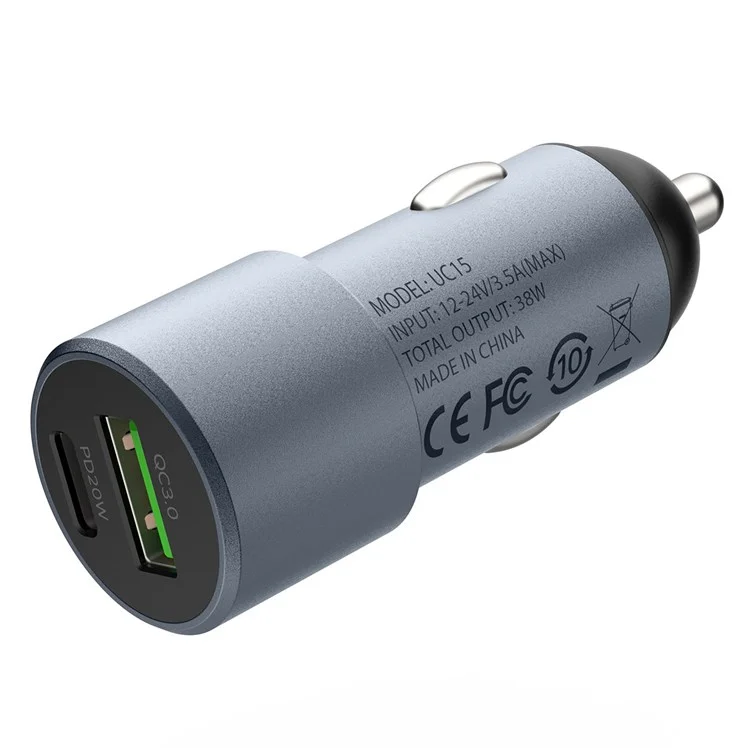 MOMAX UC15 38W Mini Charger de Carro de Porto Dual de Alumínio PD + QC 3.0 Adaptador de Isqueiro de Carregamento Rápido - Cinza