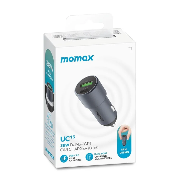 MOMAX UC15 38W Mini Charger de Carro de Porto Dual de Alumínio PD + QC 3.0 Adaptador de Isqueiro de Carregamento Rápido - Cinza