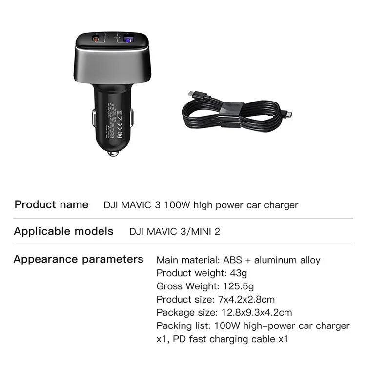 QISYKER for DJI Mavic 3/Mini 2 USB + Type-C Dual Ports Fast Charging 100W PD QC3.0 Car Charger