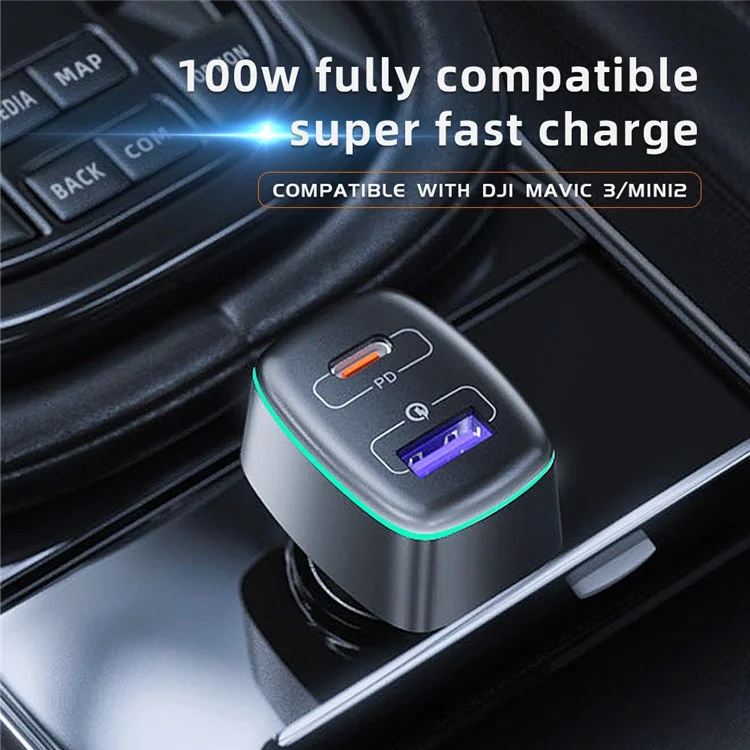 QISYKER for DJI Mavic 3/Mini 2 USB + Type-C Dual Ports Fast Charging 100W PD QC3.0 Car Charger