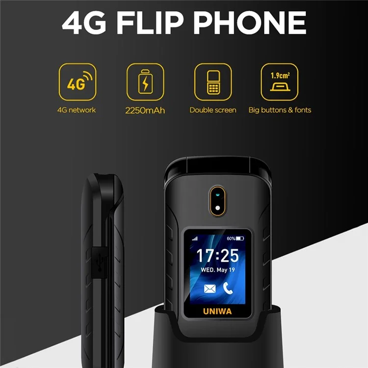 Uniwa V909t SIM SIM 2.8/1,77 Polegada Flip Phone 2250mAh Bateria 4G Phone Com Câmera Traseira - Preto