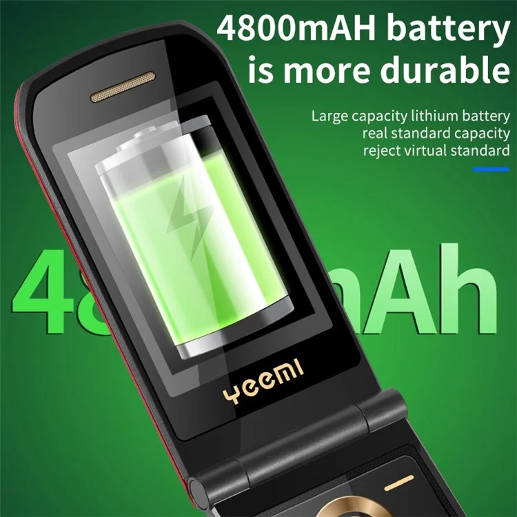 YEEMI K21 Dual SIM 2.4/1.77 inch Dual Screen 4800mAh Battery Flip Phone Single Rear Camera 2G Cellphone with Flashlight - Black