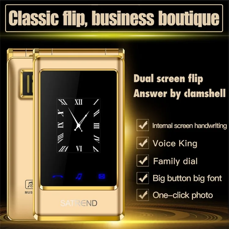 SATREND A15 3,0-Zoll Dual-Screen Dual-SIM-Klapphandy für Senioren GSM 800/850/900/1800 Klapphandy mit Unterstützung für Handschrift - Kaffee