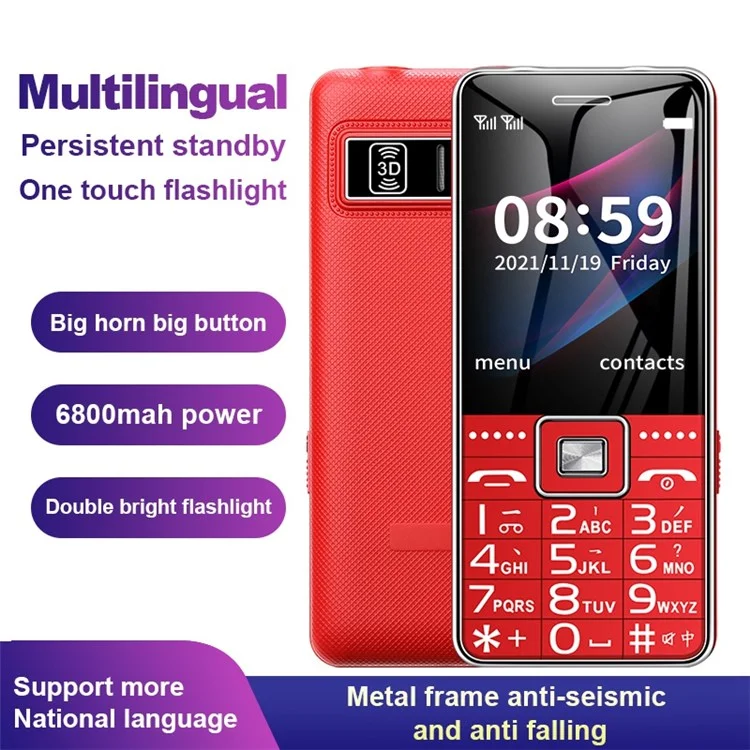 G600 Dual Sim 2.4 Pulgadas Teléfono Móvil 6800mAh Batería 2G Botón Grande GSM Teléfono Celular Con Linterna - Rojo