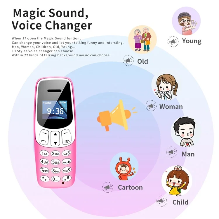J7 World Más Pequeño Teléfono Mini Teléfono Celular Bluetooth Teléfono MP3 Player Con Cambiador de Voz - Negro
