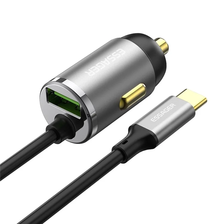 Essager Type-c + Usb-a Mini Car Charger Avec Câble Alliage D'aluminium PD 20W Charger Rapide