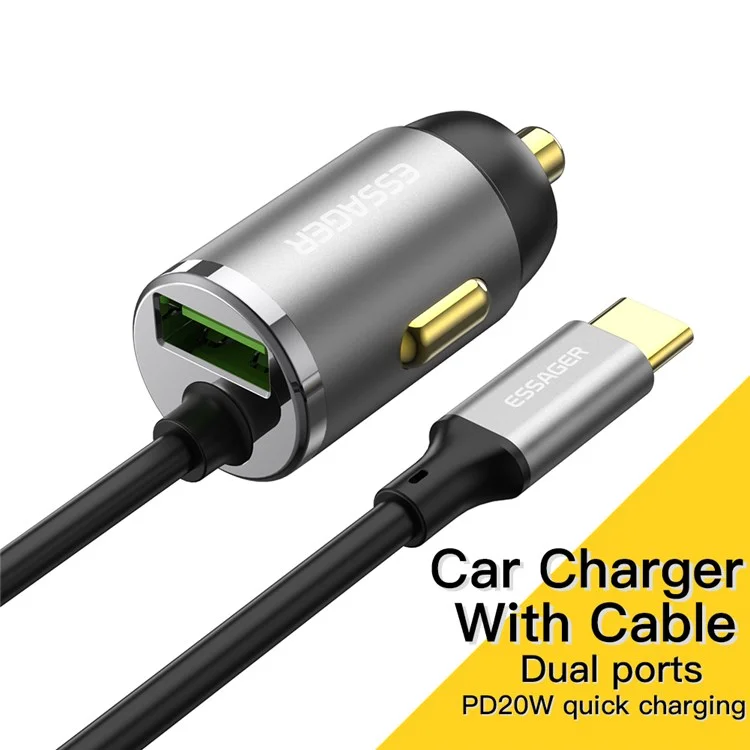 Essager Type-C+USB-A Mini Car Charger Con Caricatore Veloce in Lega di Alluminio Cavo PD 20W