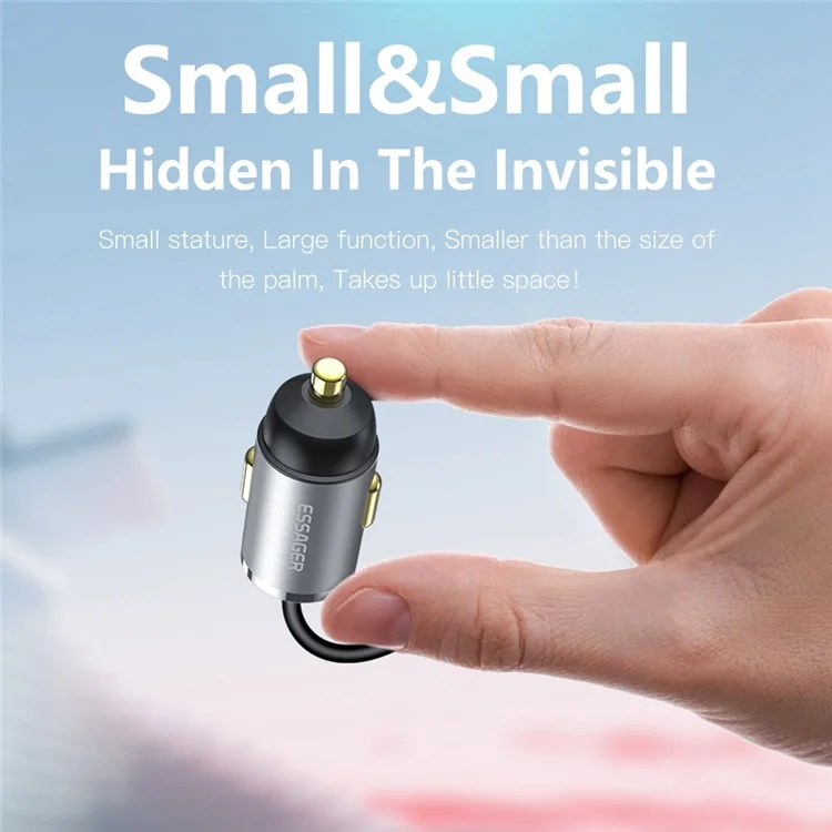 Essager Type-C+USB-A Mini Car Charger Con Caricatore Veloce in Lega di Alluminio Cavo PD 20W